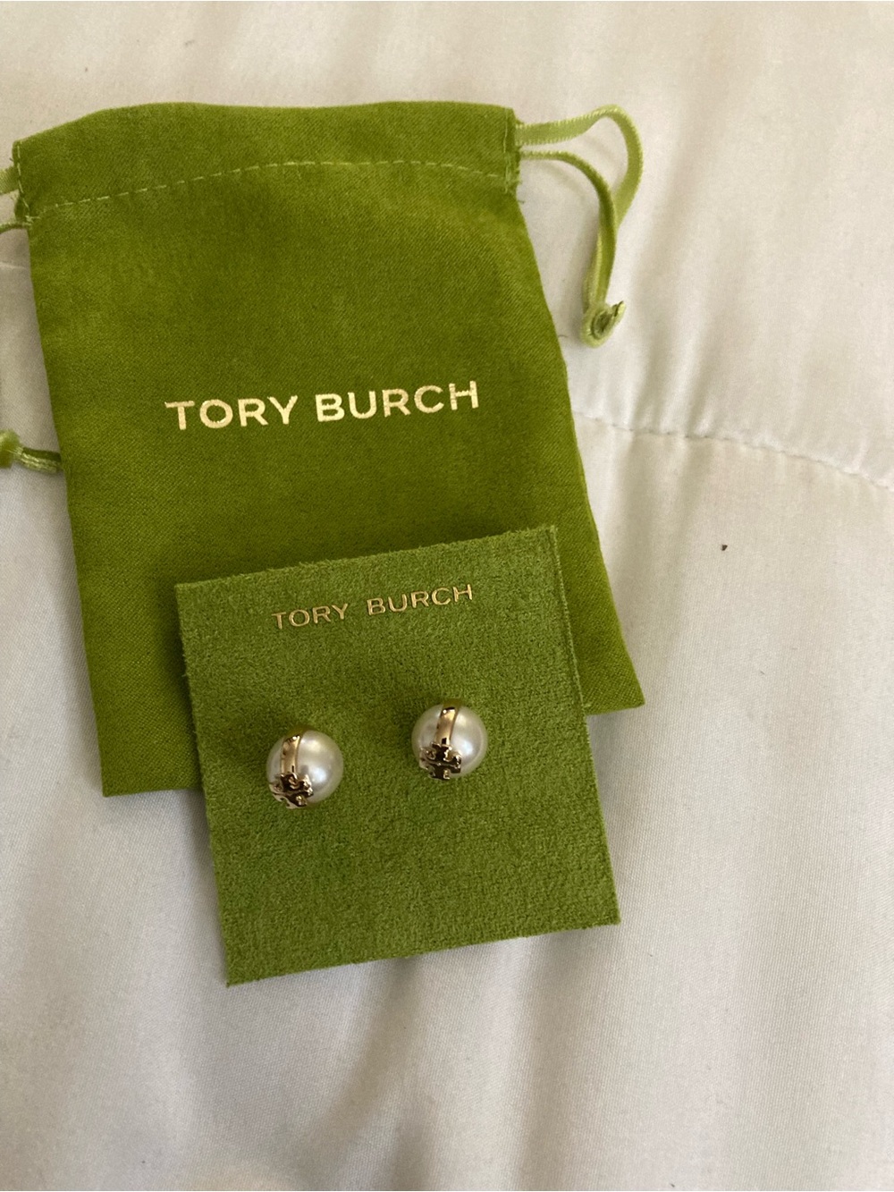Tory Burch White Pearl and Gold Logo Stud Earrings